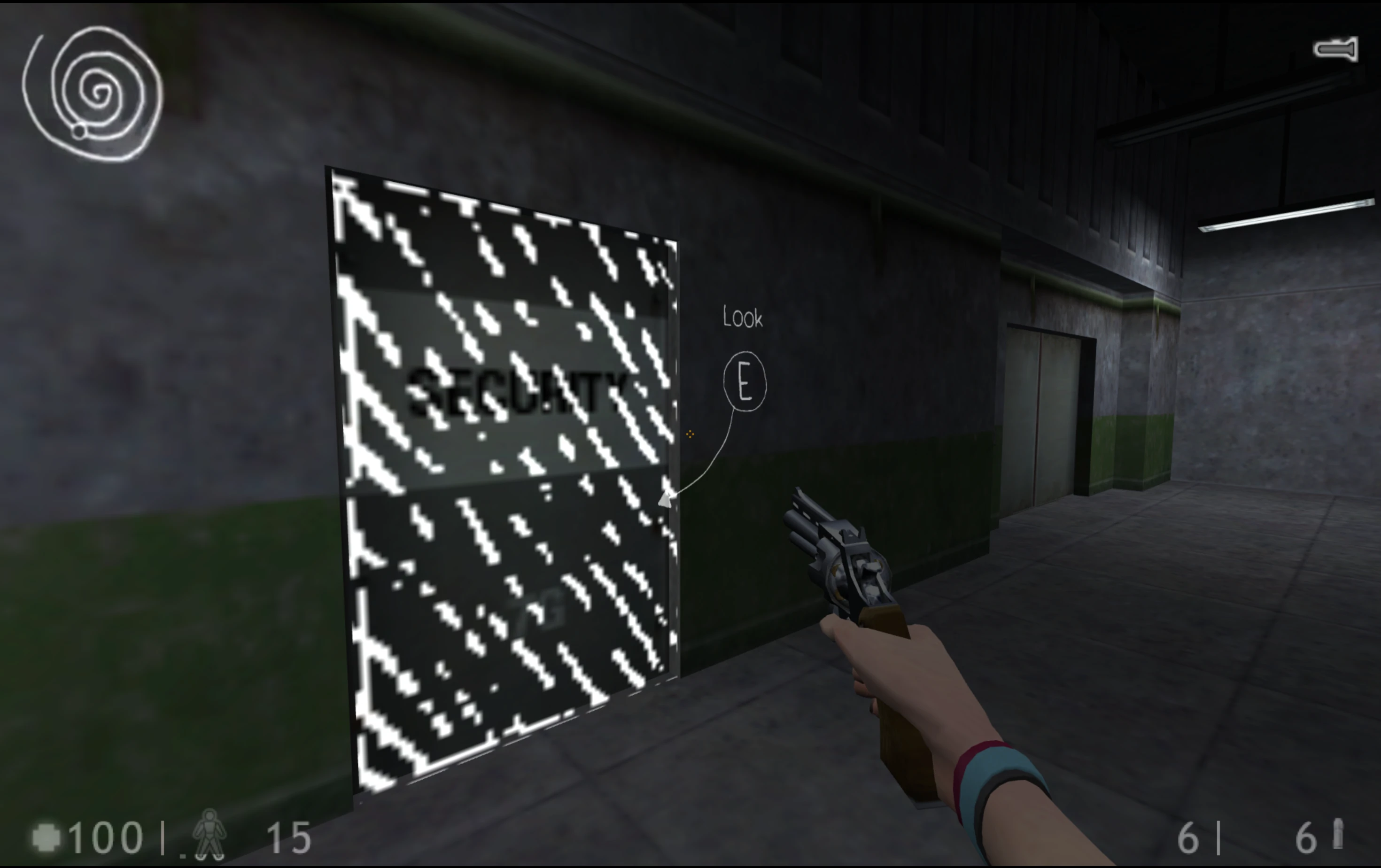 Player holding a revolver near a pixelated security door with 'Look E' prompt in Half Life is Strange mod