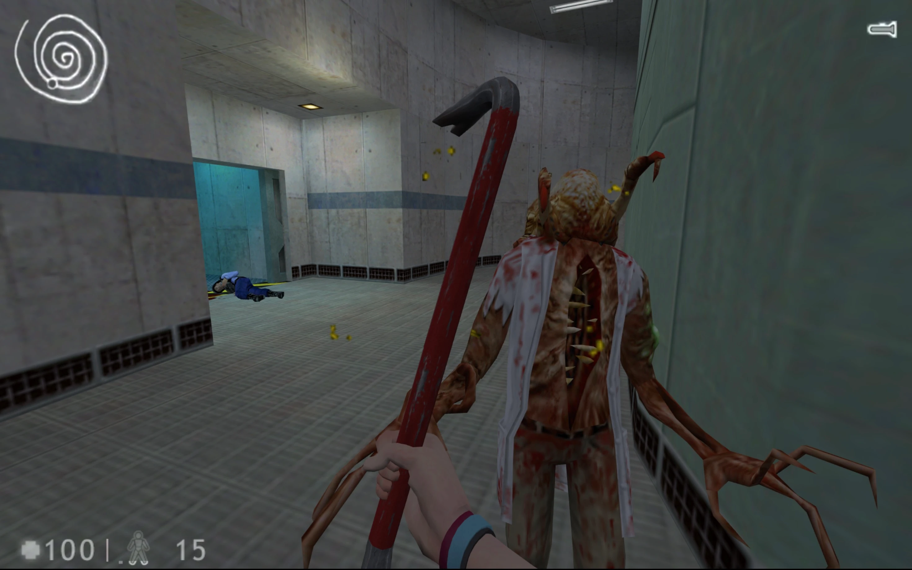 First-person view holding a crowbar facing a mutated creature in a gray tiled corridor with a fallen guard