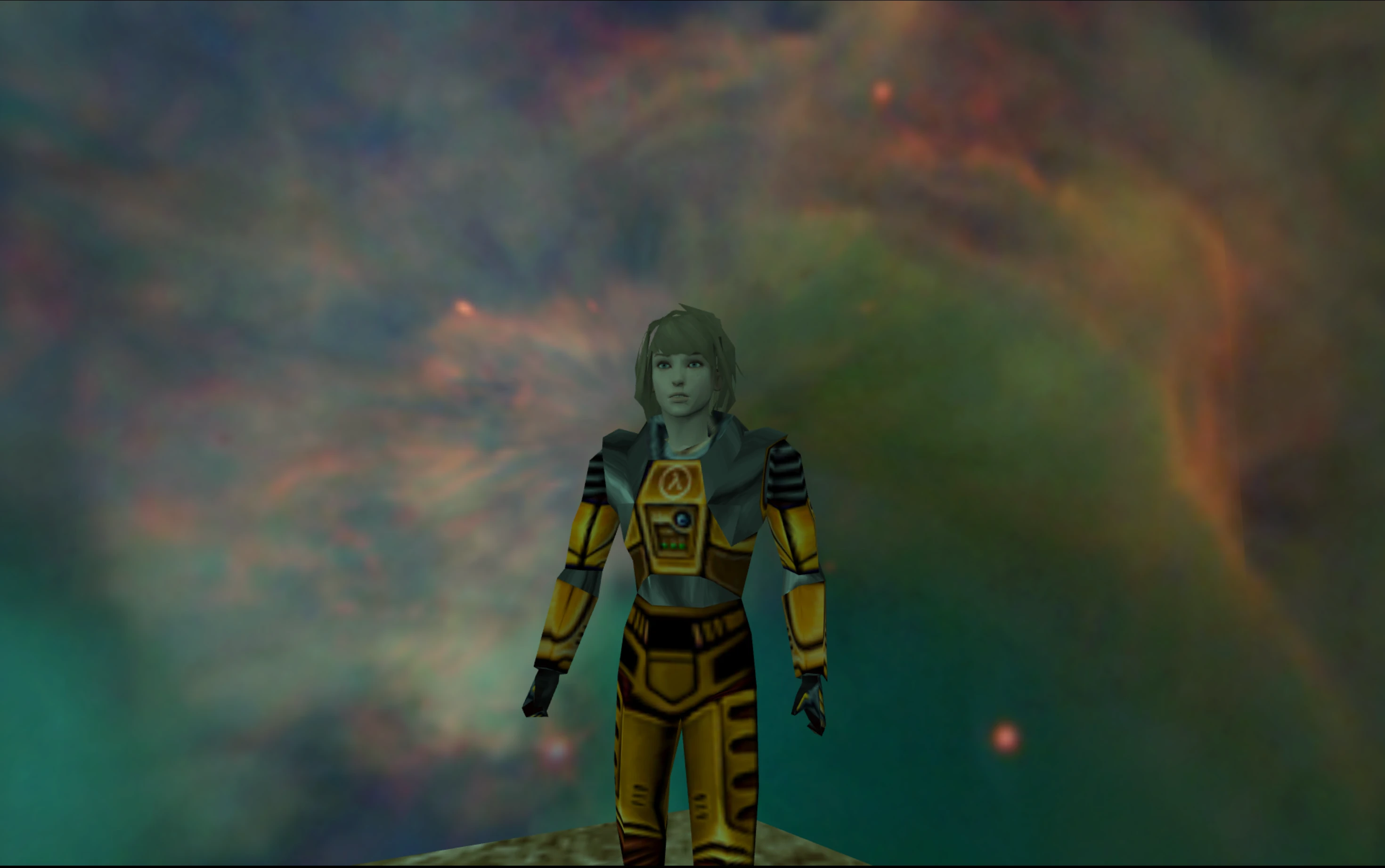 Character model in yellow sci-fi suit standing in front of a colorful nebula background in Half Life is Strange mod