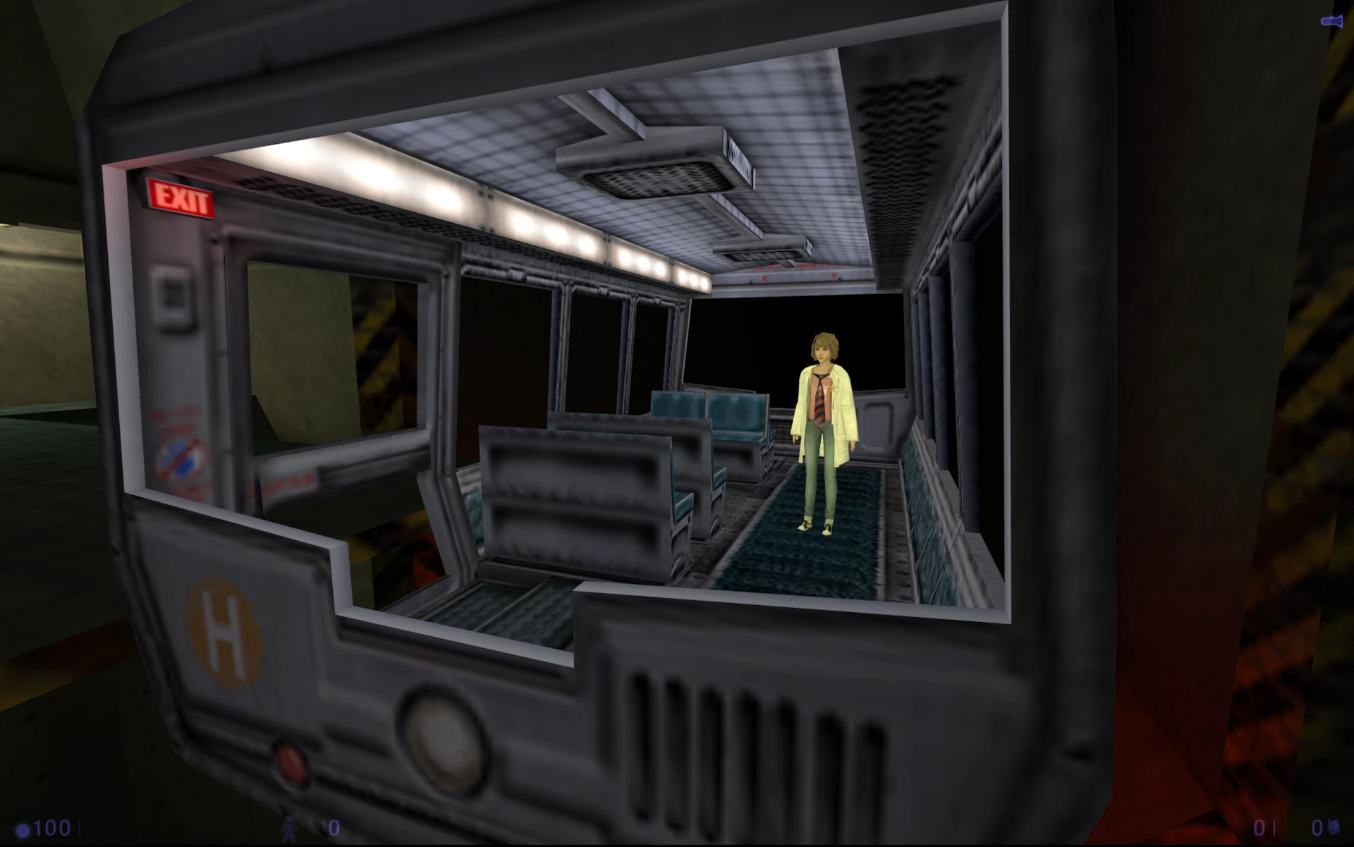 Screenshot from Half-Life mod Half Life is Strange showing a character standing inside an empty tram