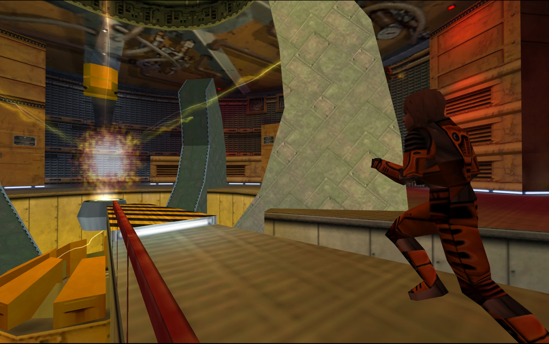 Character in orange suit running inside a futuristic lab emitting energy beams in Half-Life mod