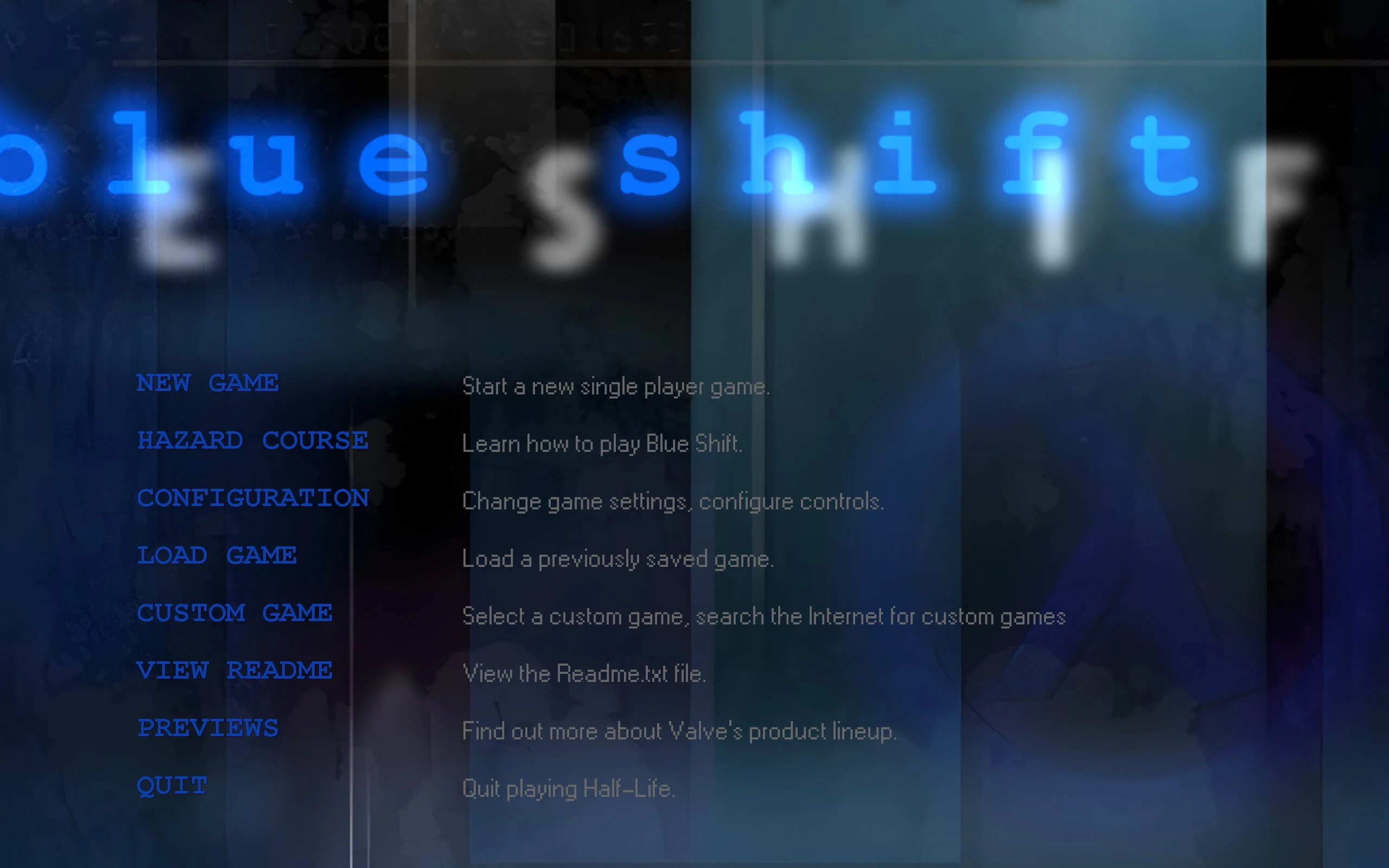Стартовое меню мода Blue Shift с опциями Новая игра, Hazard Course, Загрузить игру на тёмно-синем фоне