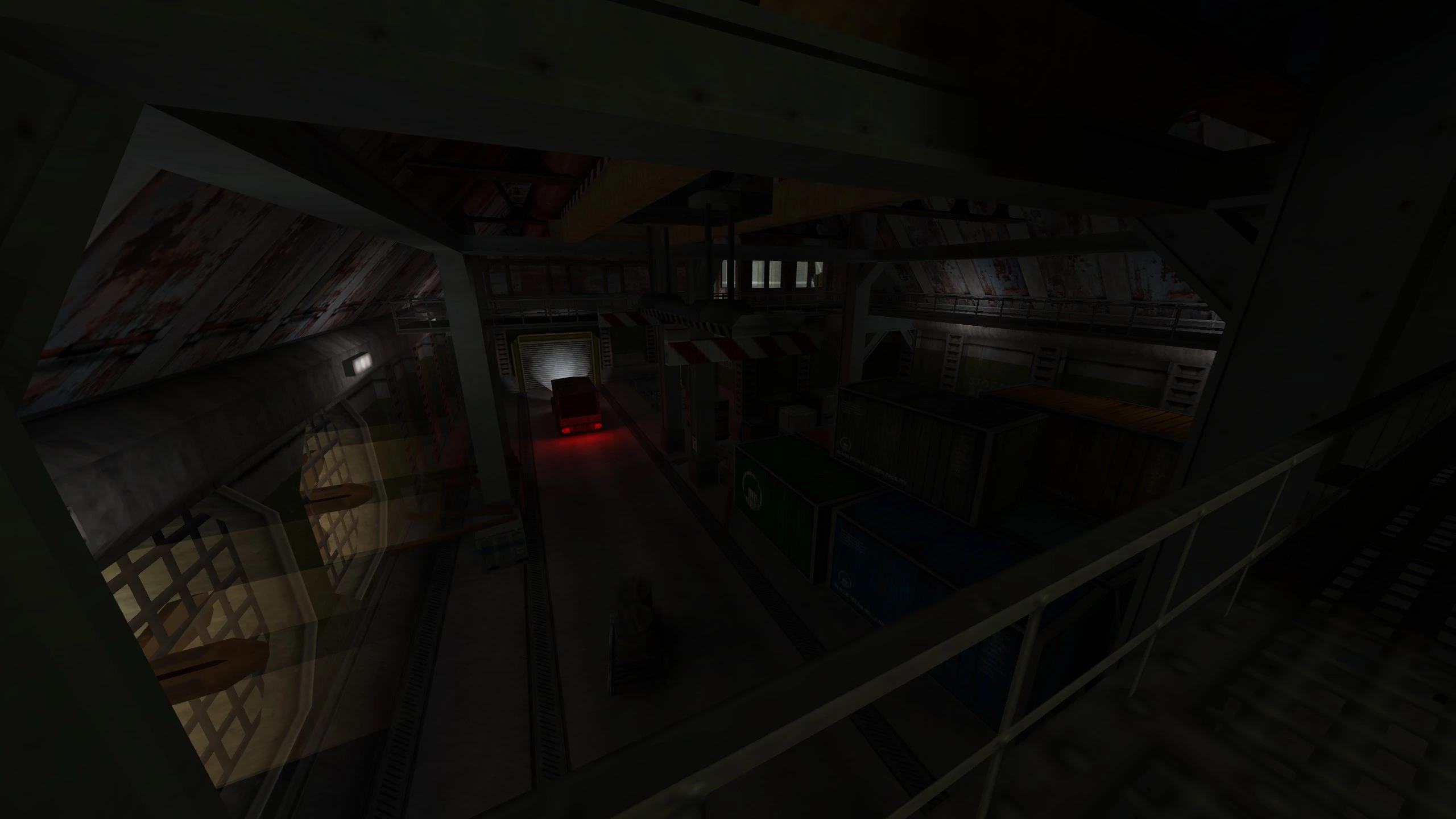 Dimly lit warehouse interior with a red-lit truck and stacked containers in Half Life NO - HOPE mod