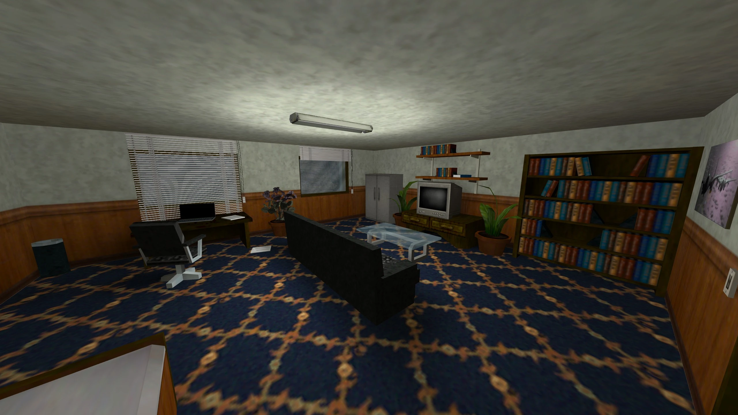 In-game screenshot showing furnished office with carpet, desk, computer, TV, bookcase and plants in Half Life No Hope mod