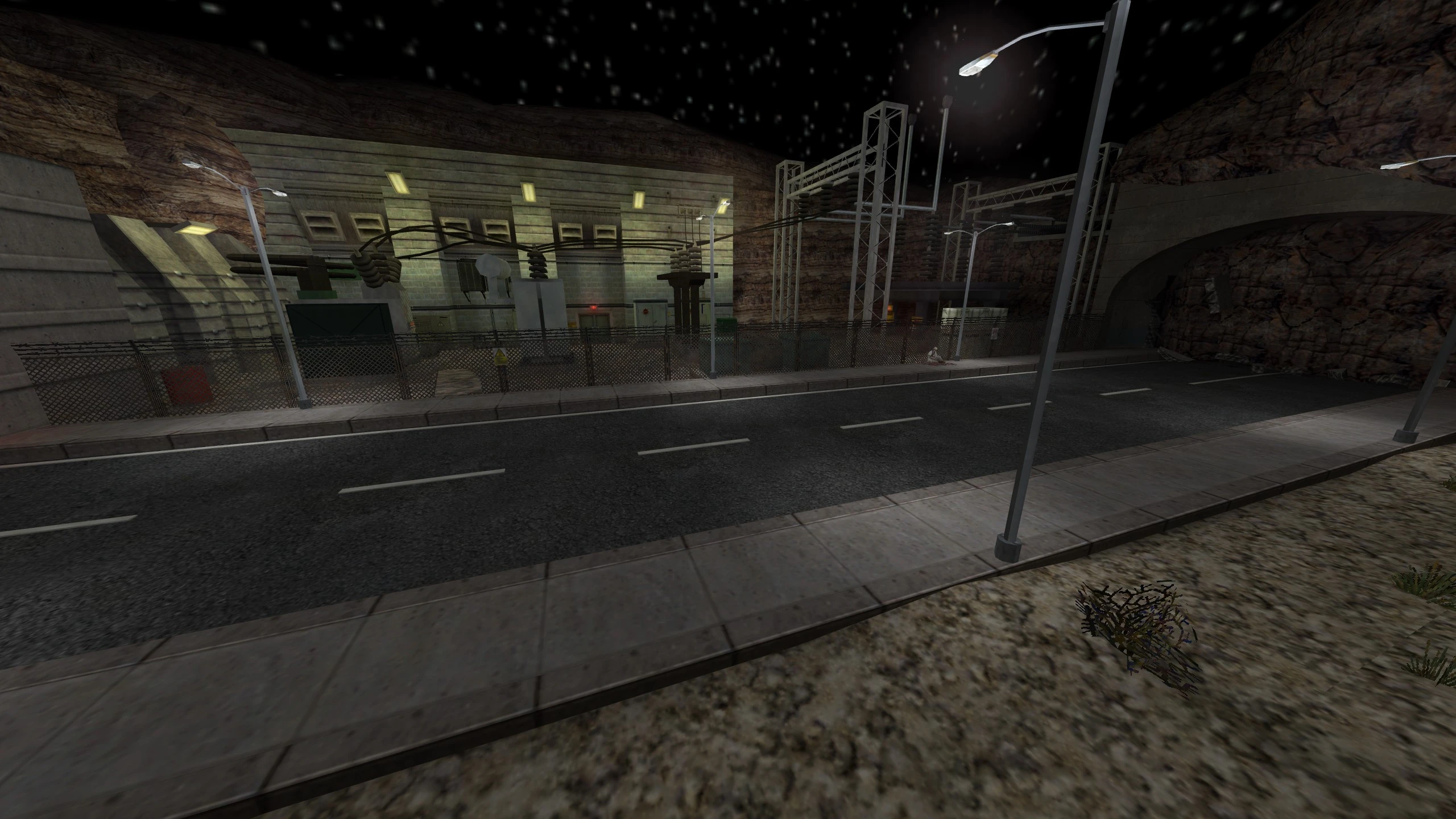Industrial site with fences and street lamps under night sky in Half Life NO - HOPE mod