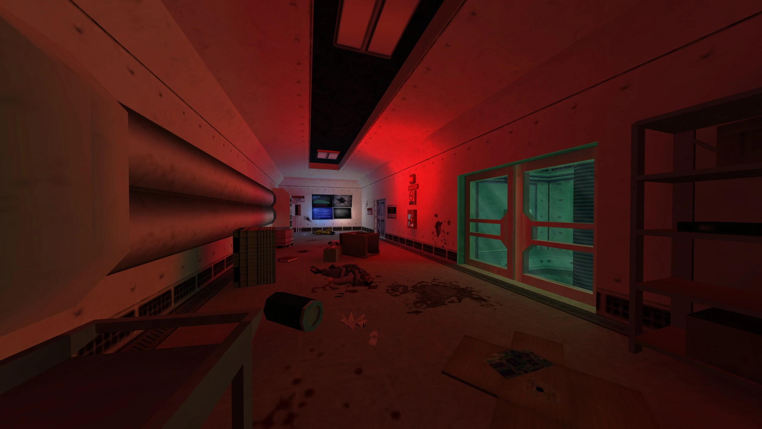 Dimly lit corridor with red emergency lights, debris, and a fallen character in Half Life NO - HOPE mod