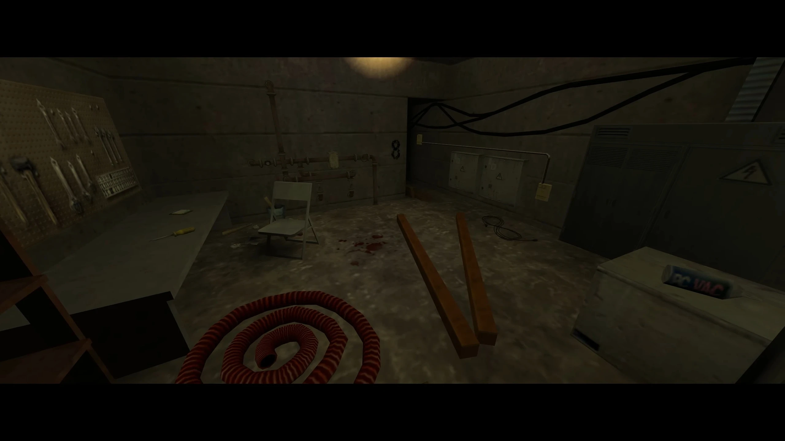 View of a dimly lit utility room with tools, chair, cables, and blood stains in Half Life NO - HOPE mod