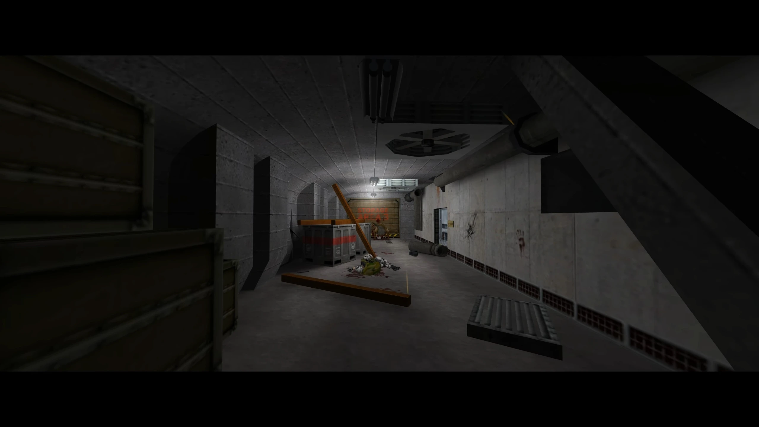 Dimly lit corridor with storage crates, debris, dead body, and bloodstains in Half Life NO - HOPE mod