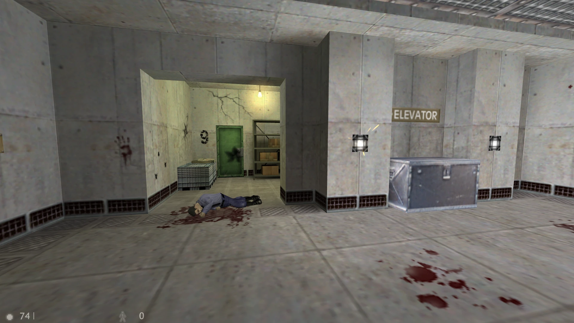 Half-Life NO - HOPE mod screenshot showing a bloodied dead body lying on the floor near a concrete wall with an elevator sign