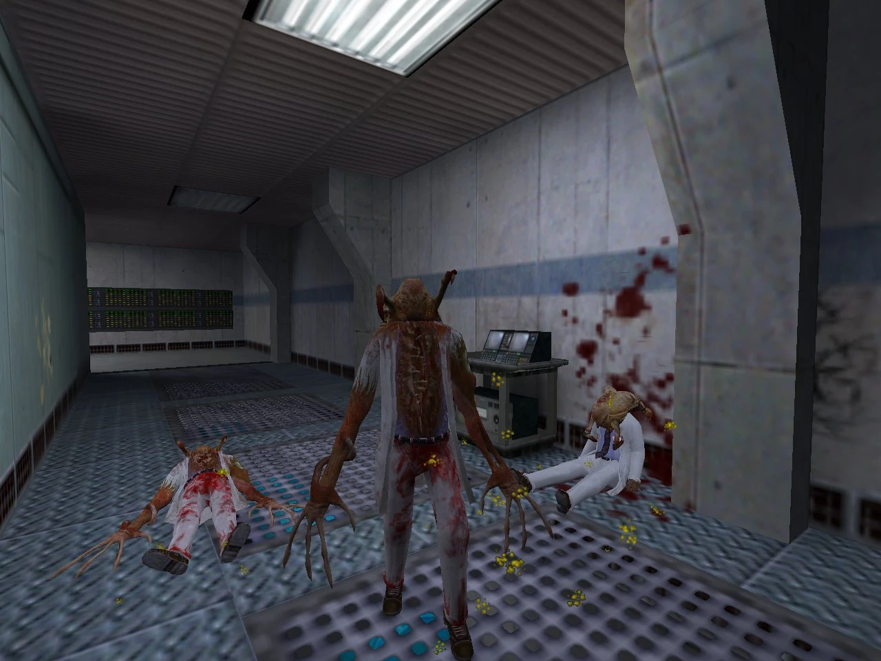 Un zombi con headcrab ensangrentado está de pie en un pasillo de laboratorio junto a otros dos zombis muertos en Half-Life Overhaul Pack