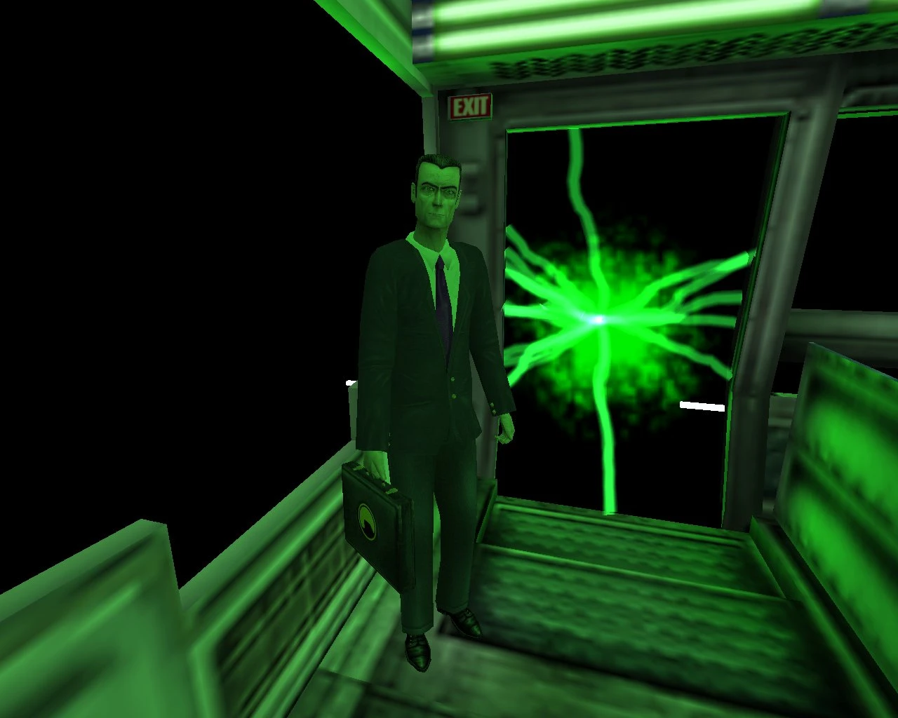 Captura de pantalla del juego con un personaje con traje y maletín dentro de un autobús iluminado en verde junto a una señal de salida