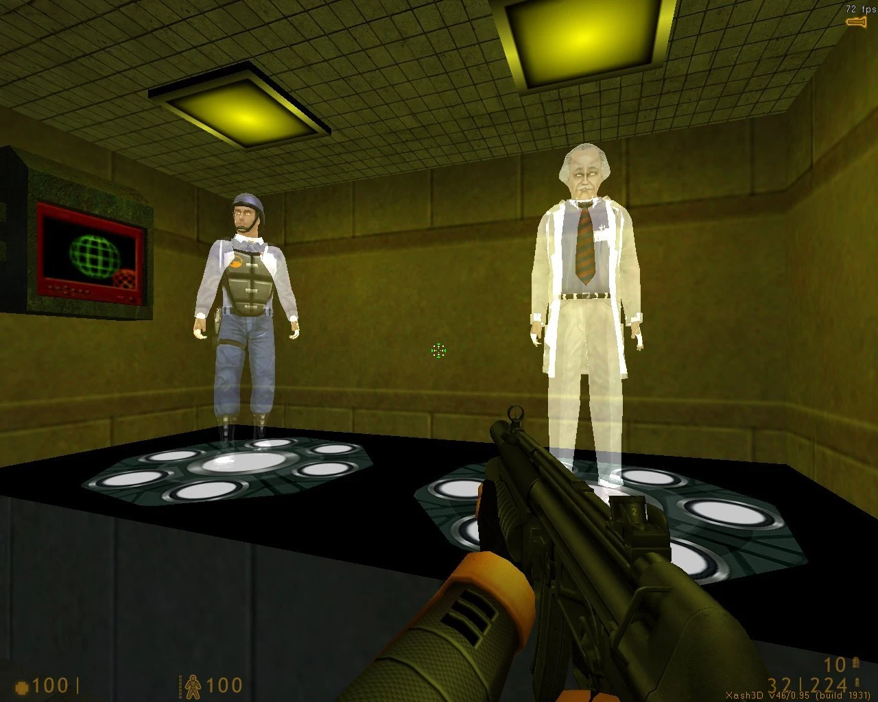 Vista en juego del mod Half-Life Overhaul Pack con dos figuras fantasmales en laboratorio y arma en mano
