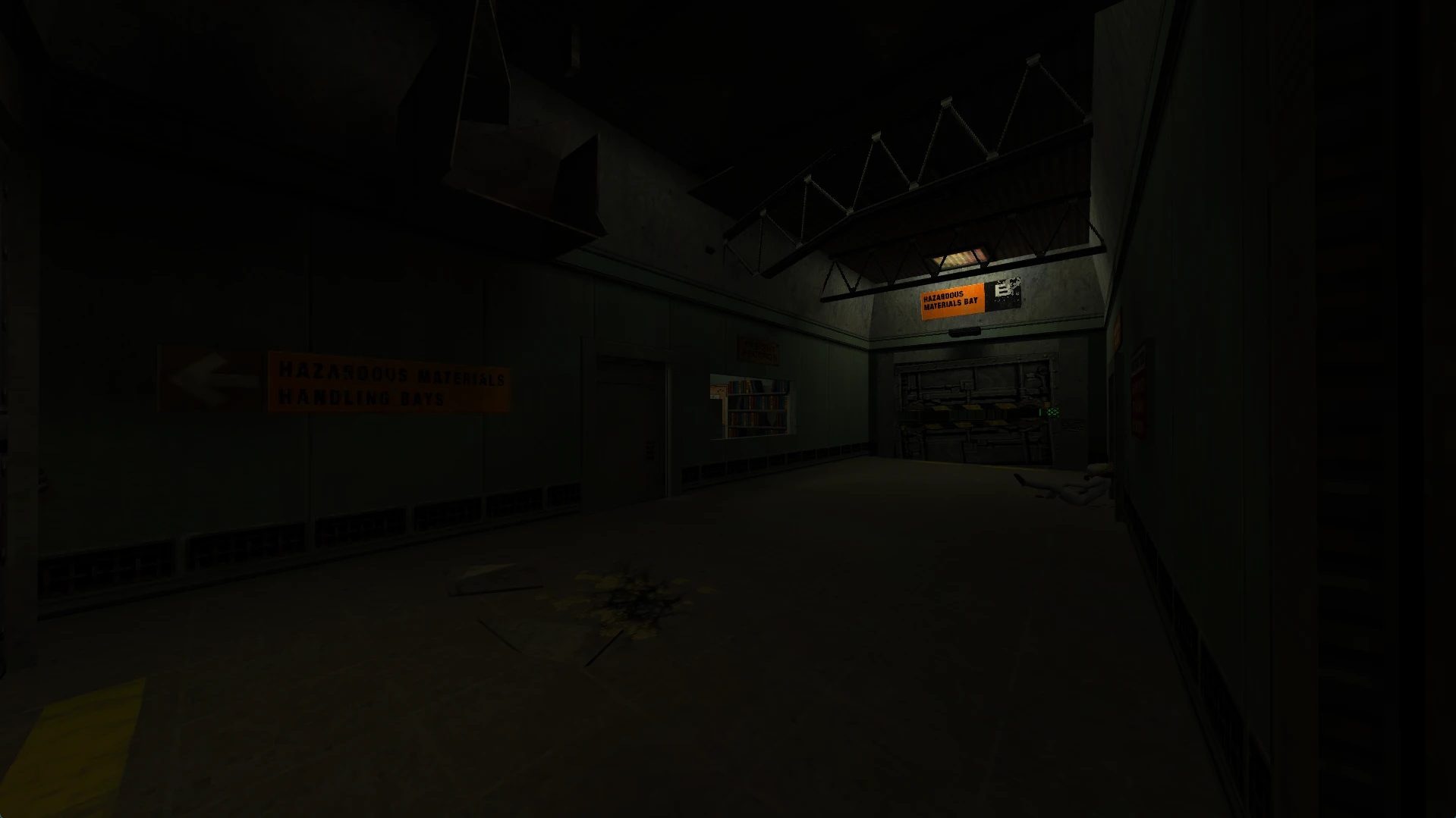 A dimly lit industrial hallway showing signs for hazardous materials handling bays in Half-Life Post-Human mod
