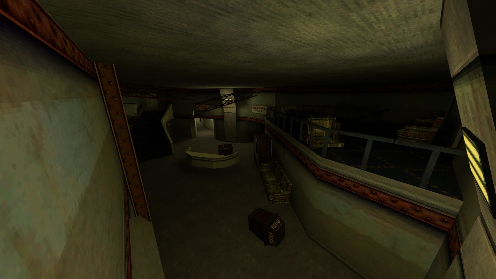 Dimly lit room with staircase, crates, and metal railings in a dark, industrial Half-Life Post-Human setting