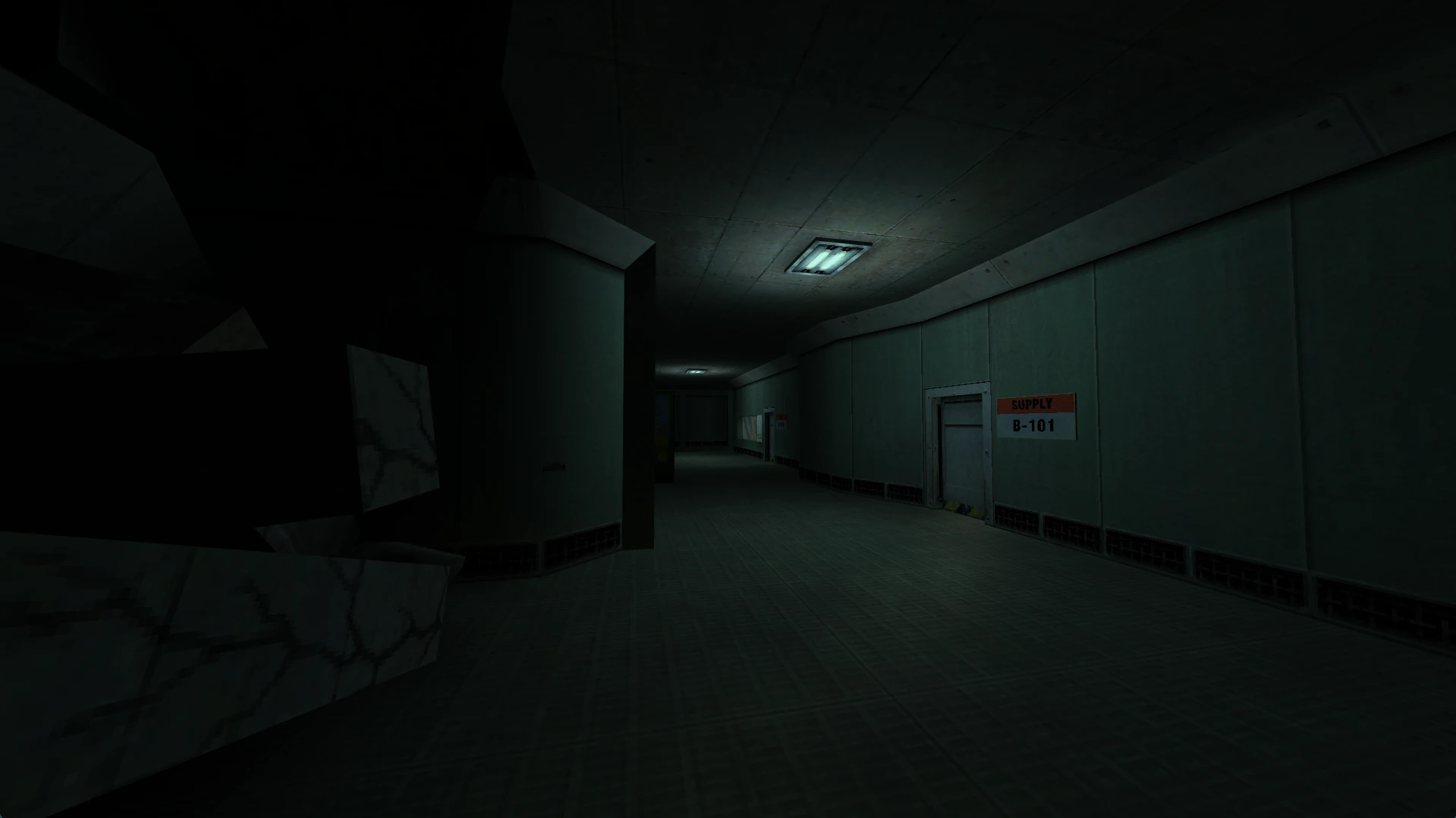 A dark greenhouse-style supply hallway labeled B-101 with dim overhead lights in Half-Life Post-Human mod
