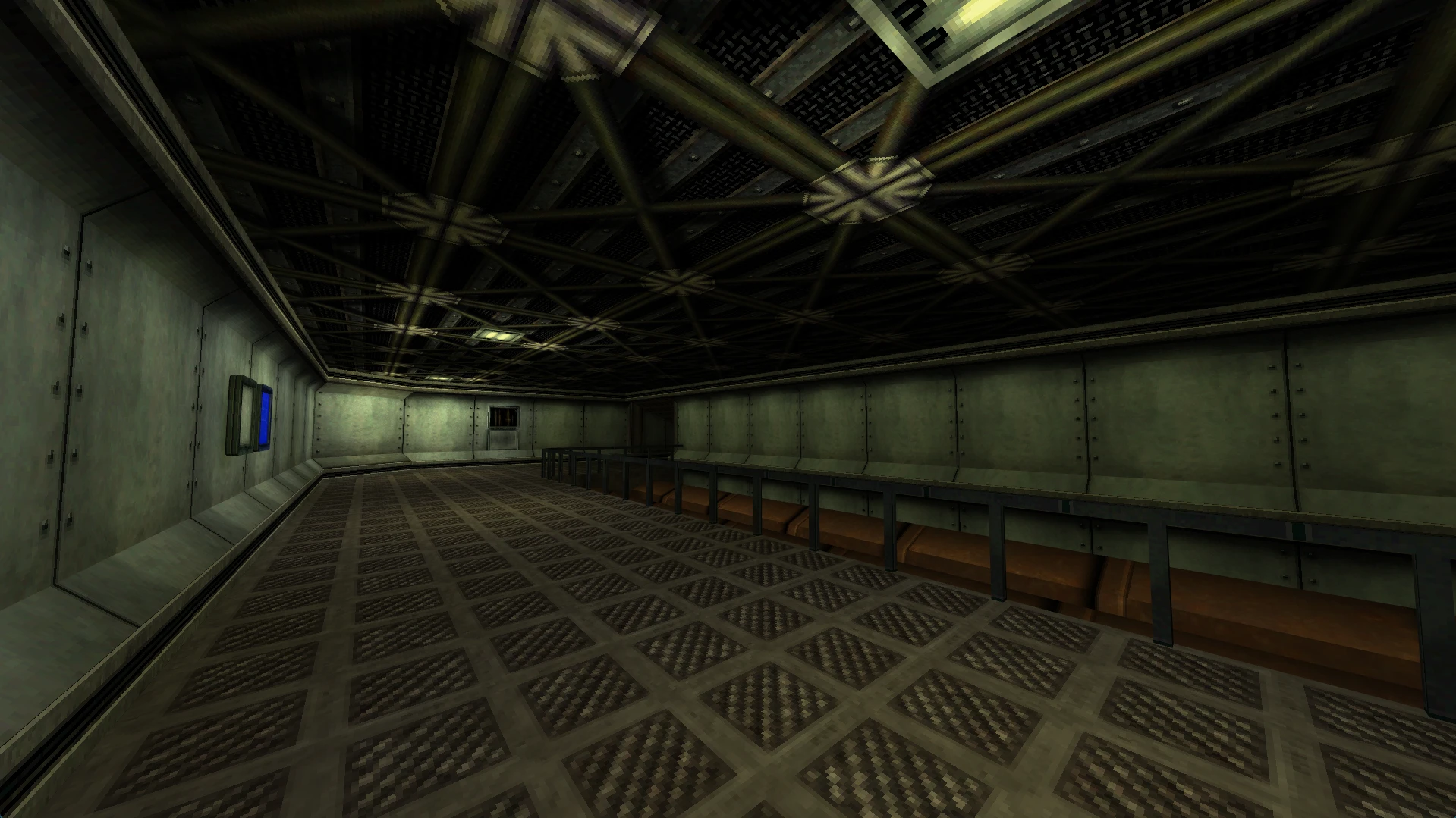 Empty industrial hallway with metal beams and gridded floor from Half-Life Post-Human mod