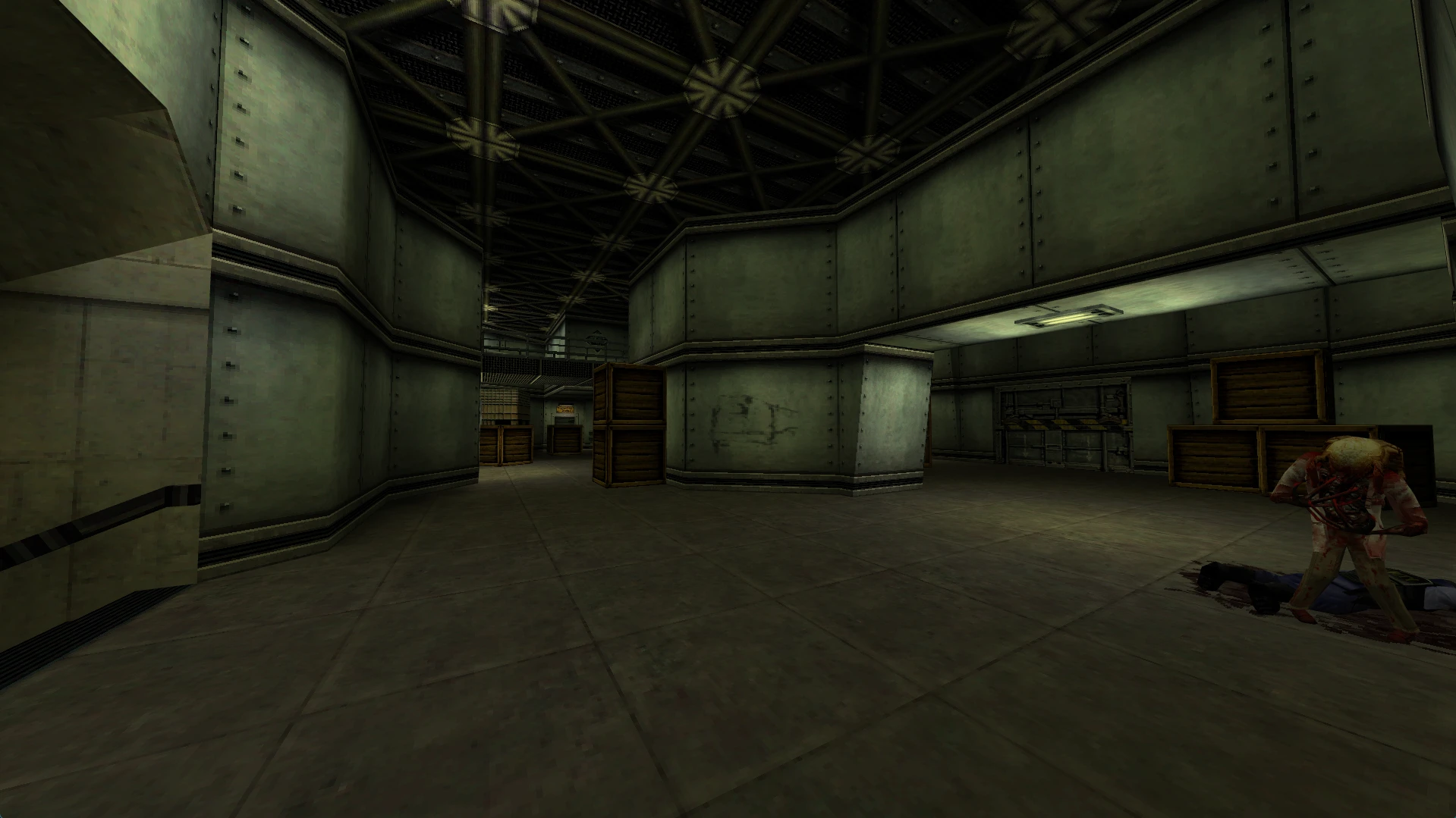 Half-Life Post-Human mod screenshot showing a metal corridor with wooden crates and an alien monster attacking a fallen character