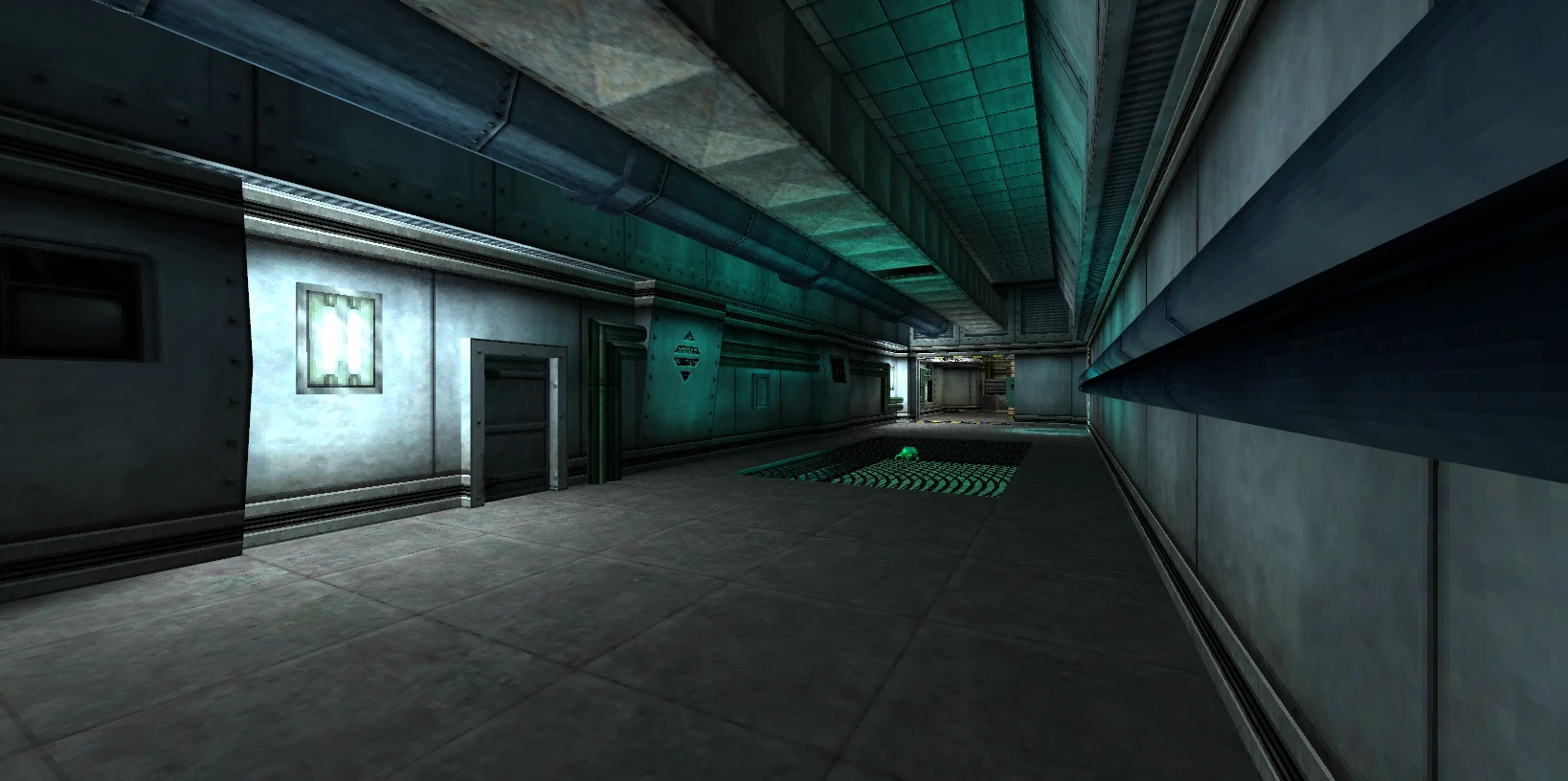 Dimly lit industrial hallway with metal walls and a grated floor section in Half-Life Post-Human