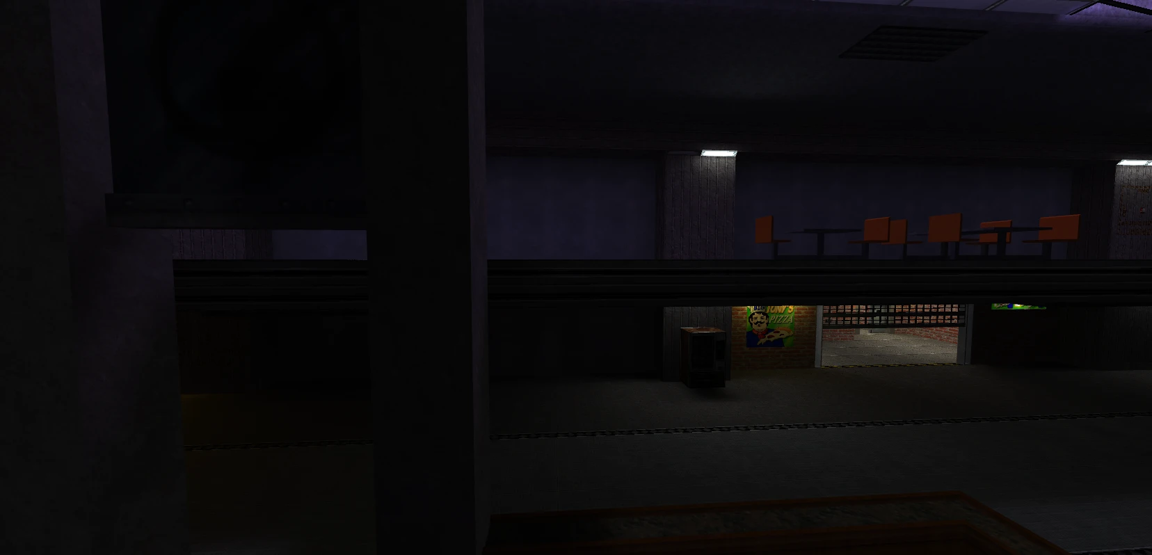 Dimly lit industrial room with tables, orange chairs, vending machine, and wall posters in Half-Life mod