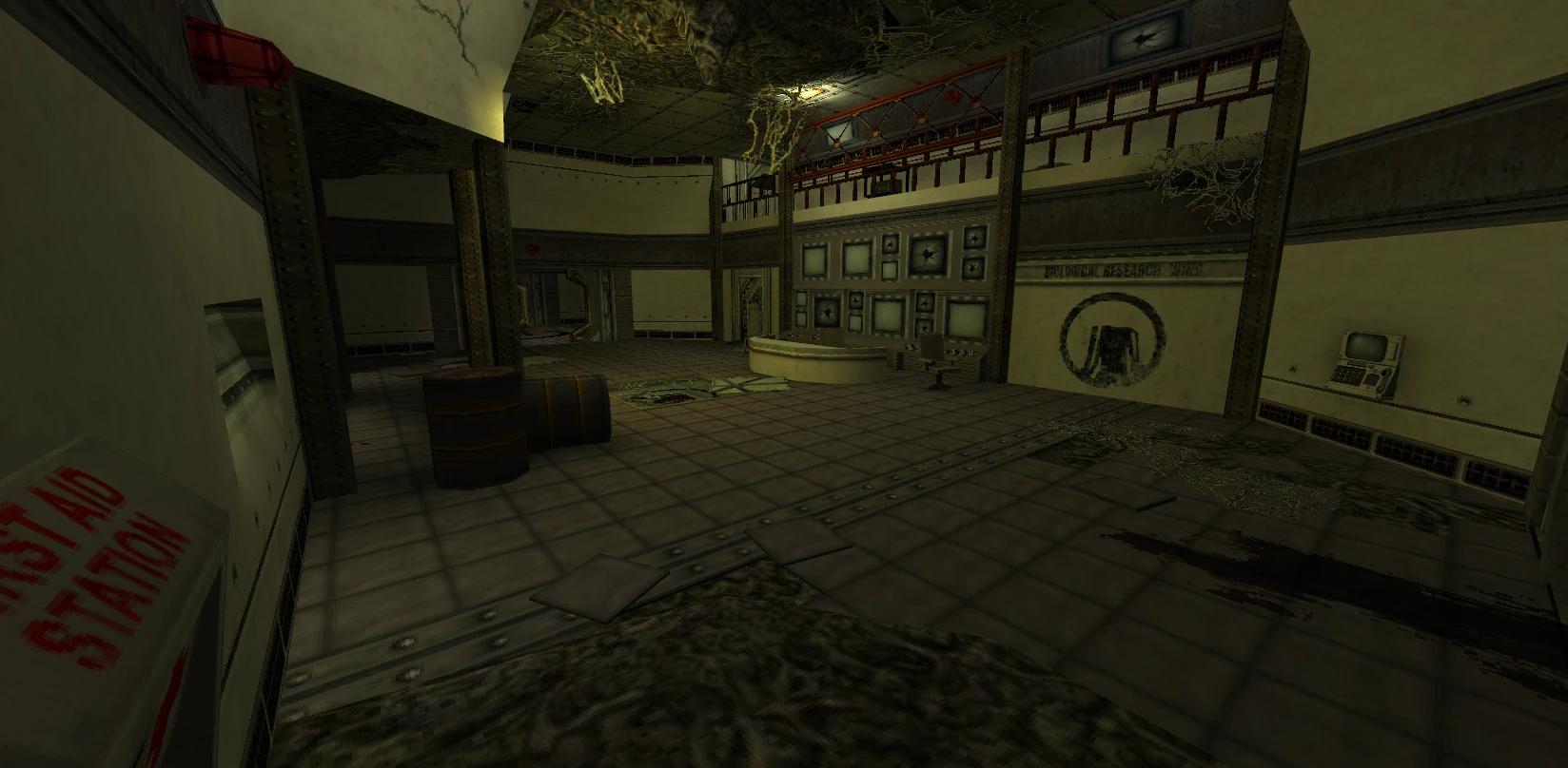 Dimly lit abandoned biological research lab with debris and worn equipment from Half-Life Post-Human mod