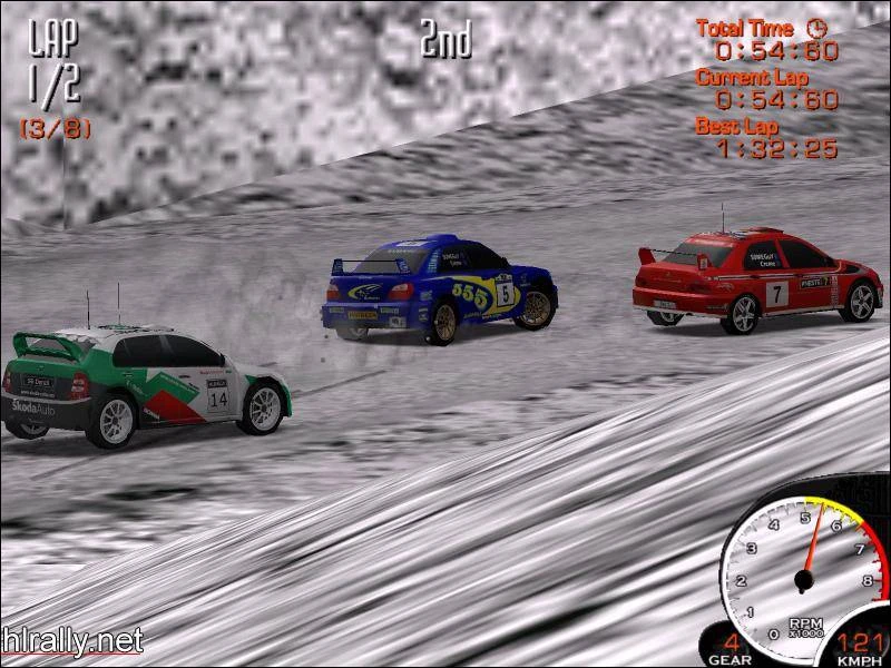 Скриншот трёх раллийных машин на снежной трассе в моде Half-Life: Rally с отображением круга и спидометра