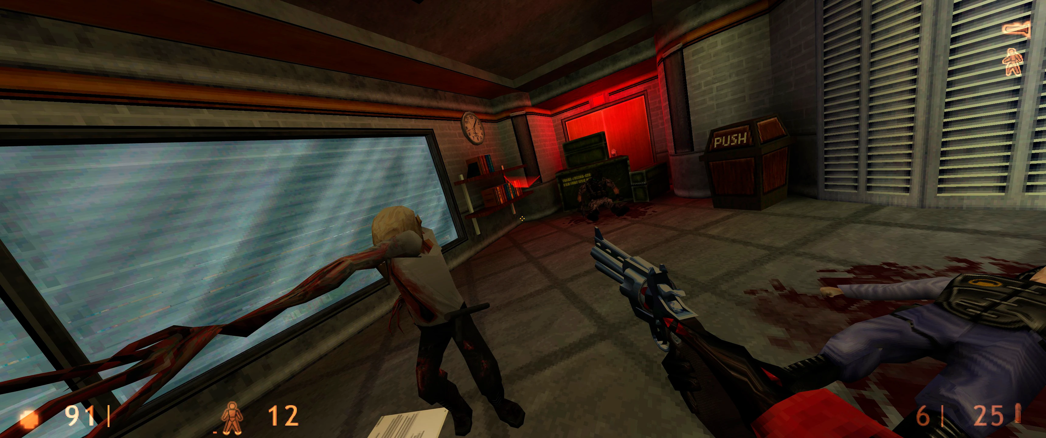 Jugador apuntando con escopeta a un zombi Headcrab en un interior con poca luz, sangre y cuerpos muertos alrededor
