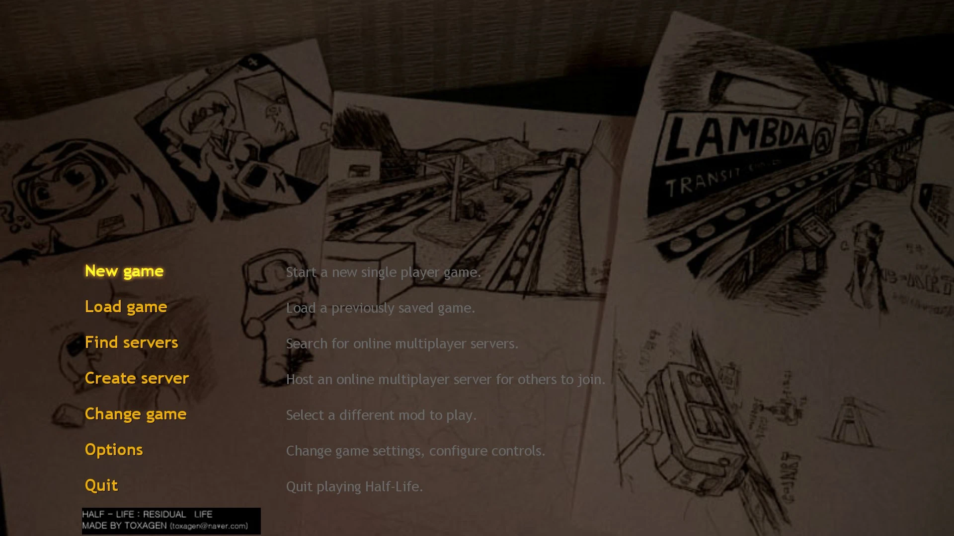 Menu moda Half-Life Residual Life z opcjami na tle ręcznie rysowanych szkiców, w tym scena Lambda transit