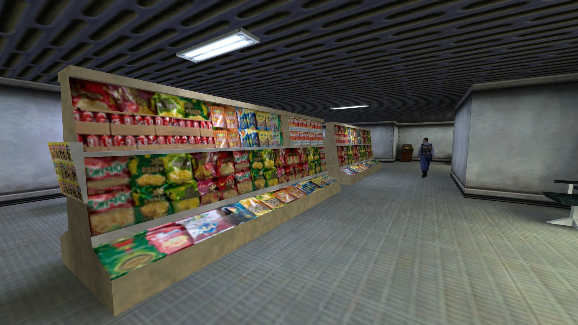 Zrzut ekranu moda Half-Life Residual Life pokazujący półki supermarketowe pełne kolorowych opakowań produktów i odchodzącą postać