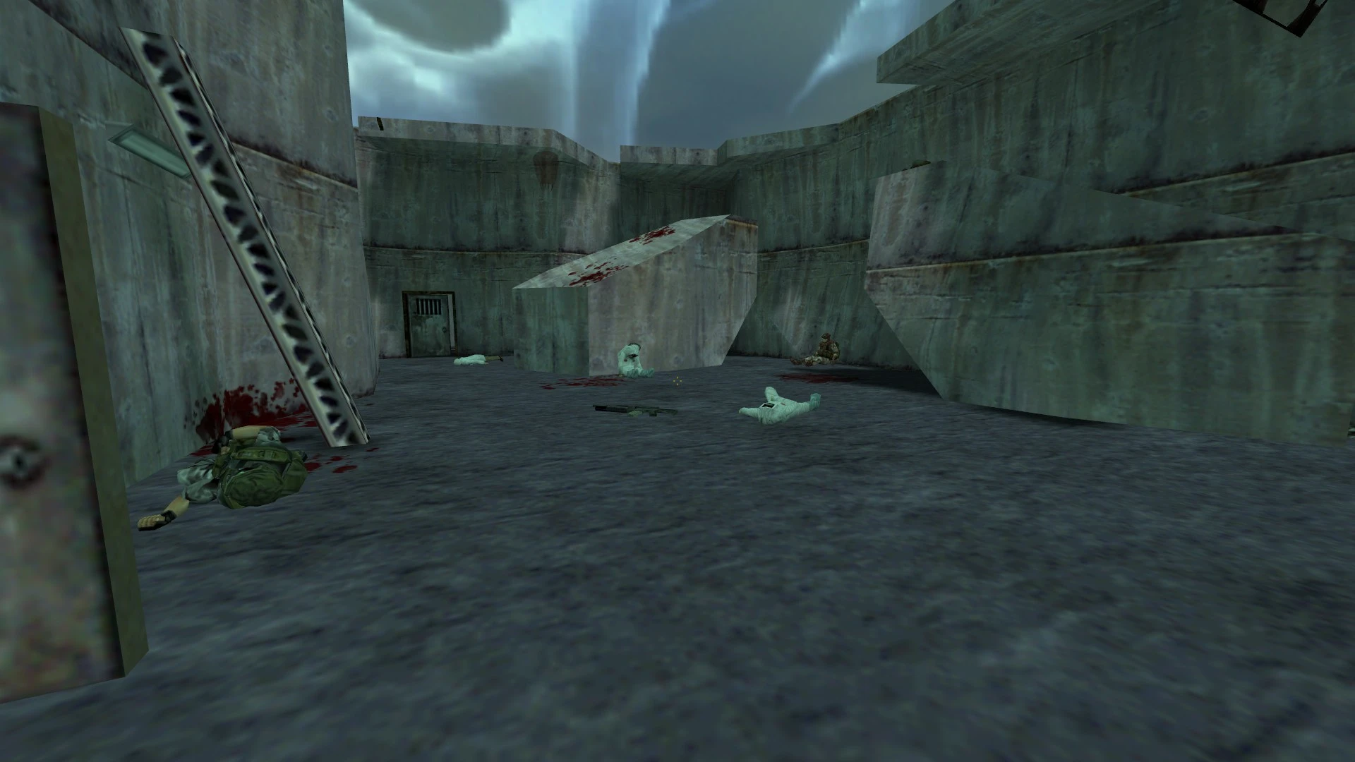 Half-Life Residual Point Mod Szene mit düsterem Betonbereich, toten Soldaten und Blutflecken an Wänden und Boden