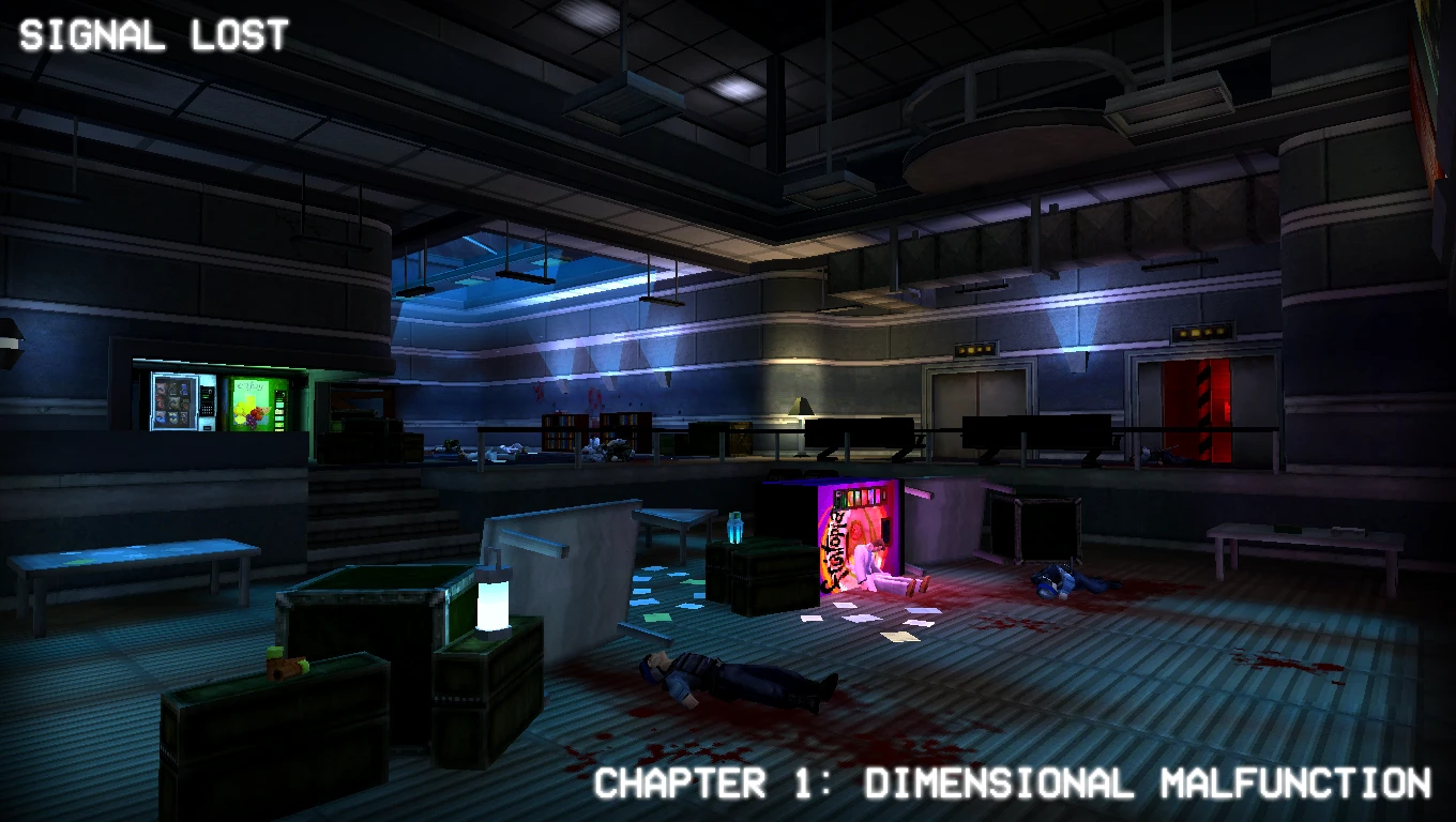 Dark interior scene with vending machines, scattered papers, and fallen guards in Half-Life mod SIGNAL LOST