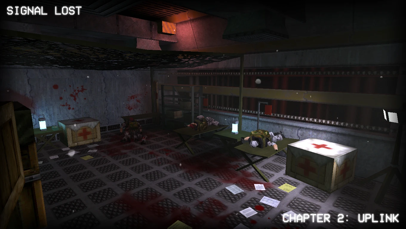 Interior of a blood-stained military medical room with dead soldiers on stretchers and medical crates in Half-Life mod