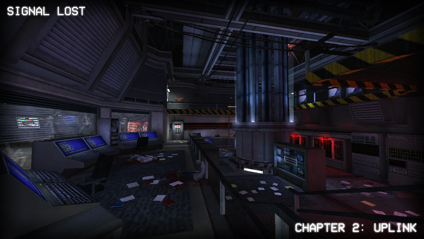 Dark futuristic control room with computers, scattered papers, and two fallen figures in Half-Life mod SIGNAL LOST chapter 2