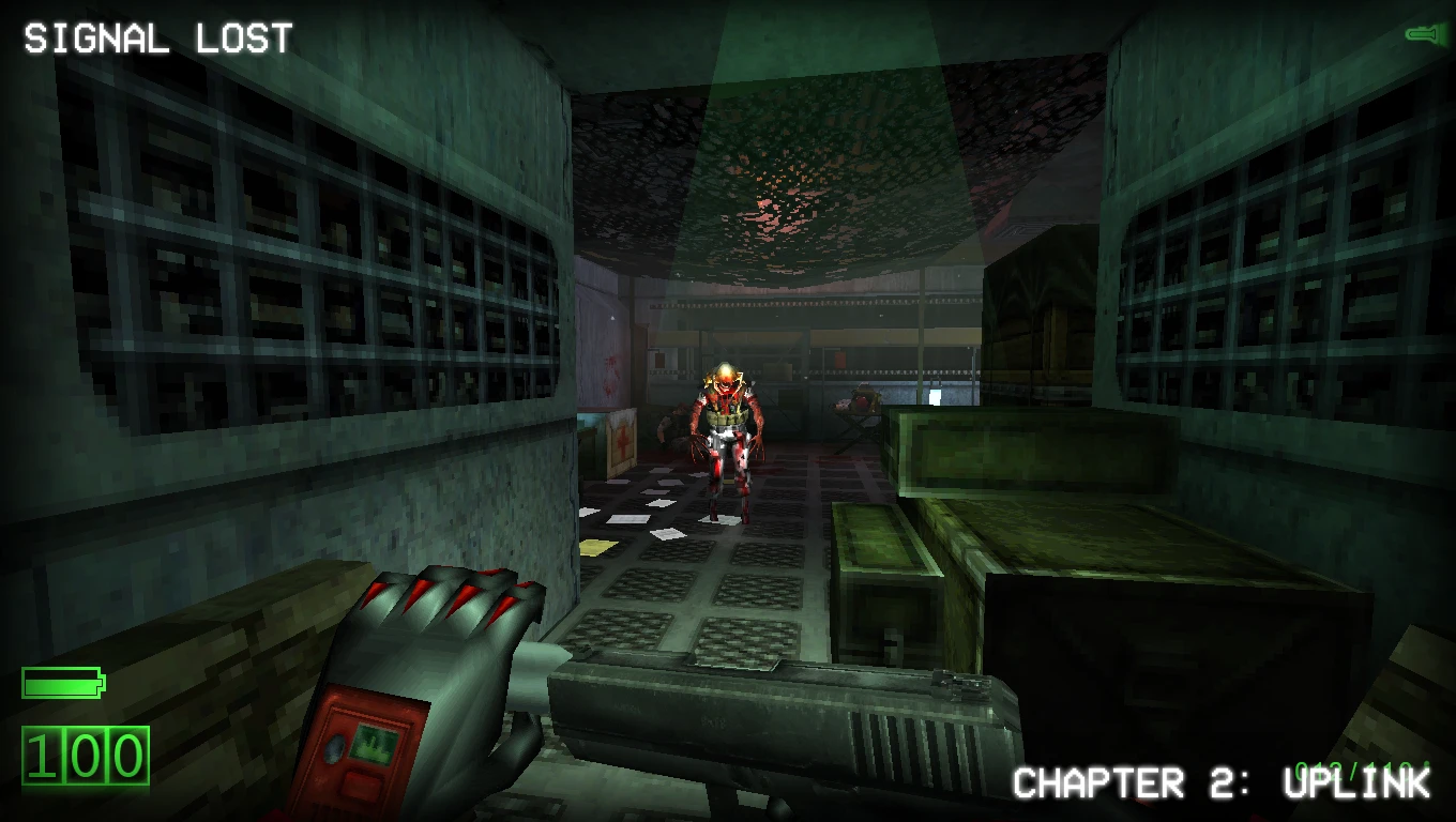 First-person view aiming a shotgun at a glowing alien enemy in a dark corridor of Half-Life SIGNAL LOST mod