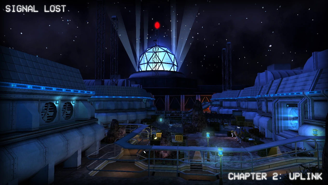 Night view of a futuristic research base with blue lights and a large dome, from the Half-Life: SIGNAL LOST mod