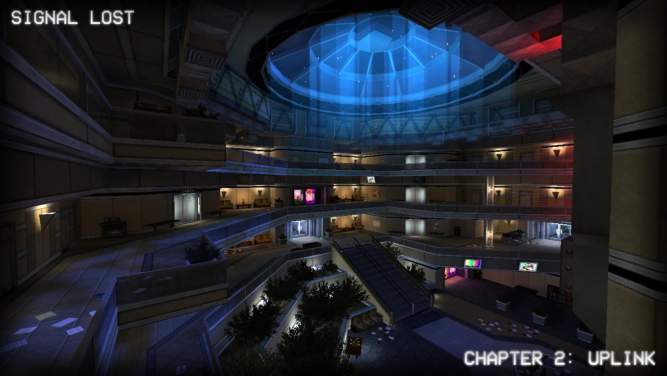 Interior view of a multi-level futuristic atrium with blue glass dome in Half-Life SIGNAL LOST mod