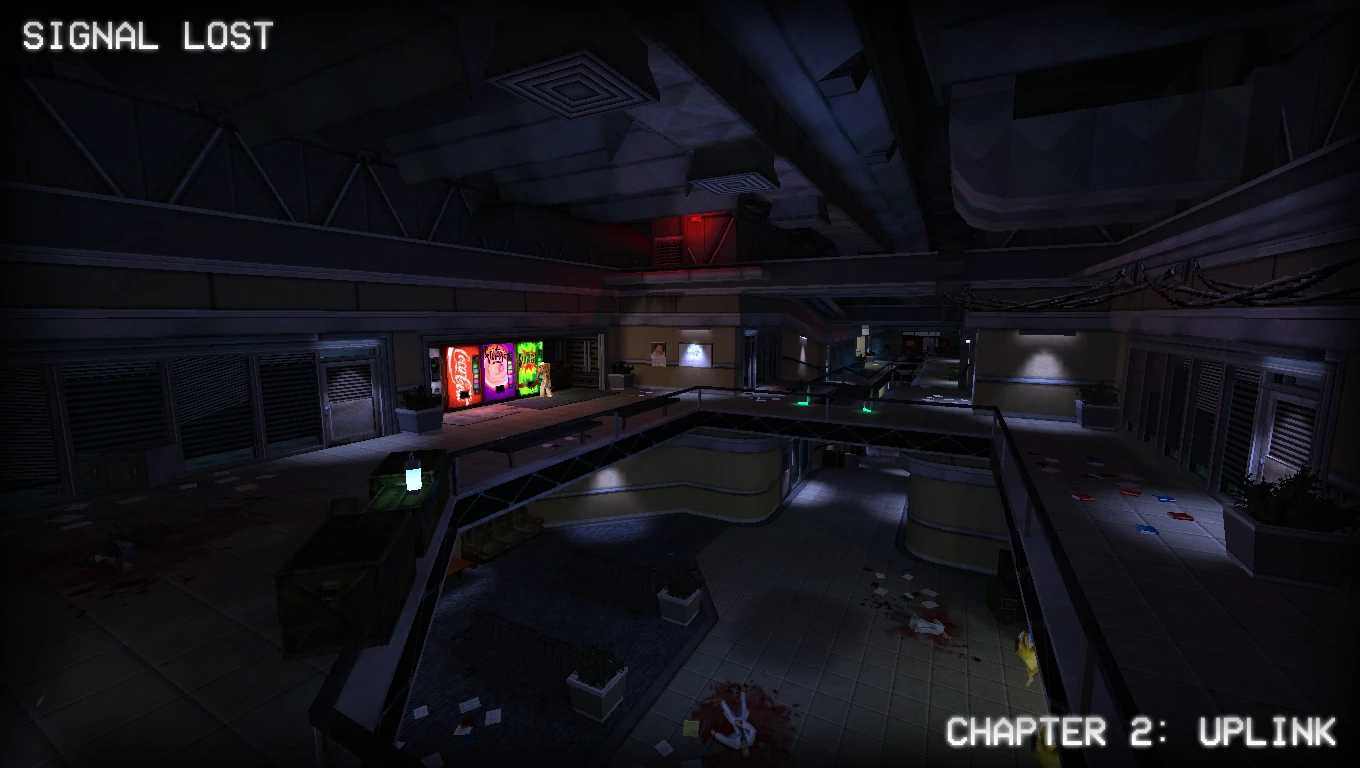 Dimly lit industrial interior with blood stains and vending machines in Half-Life mod SIGNAL LOST chapter two