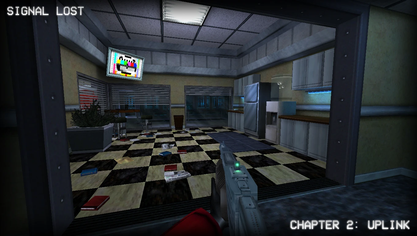 First-person view of a cluttered office kitchen with a gun aimed, TV displaying test pattern, from Half-Life mod SIGNAL LOST