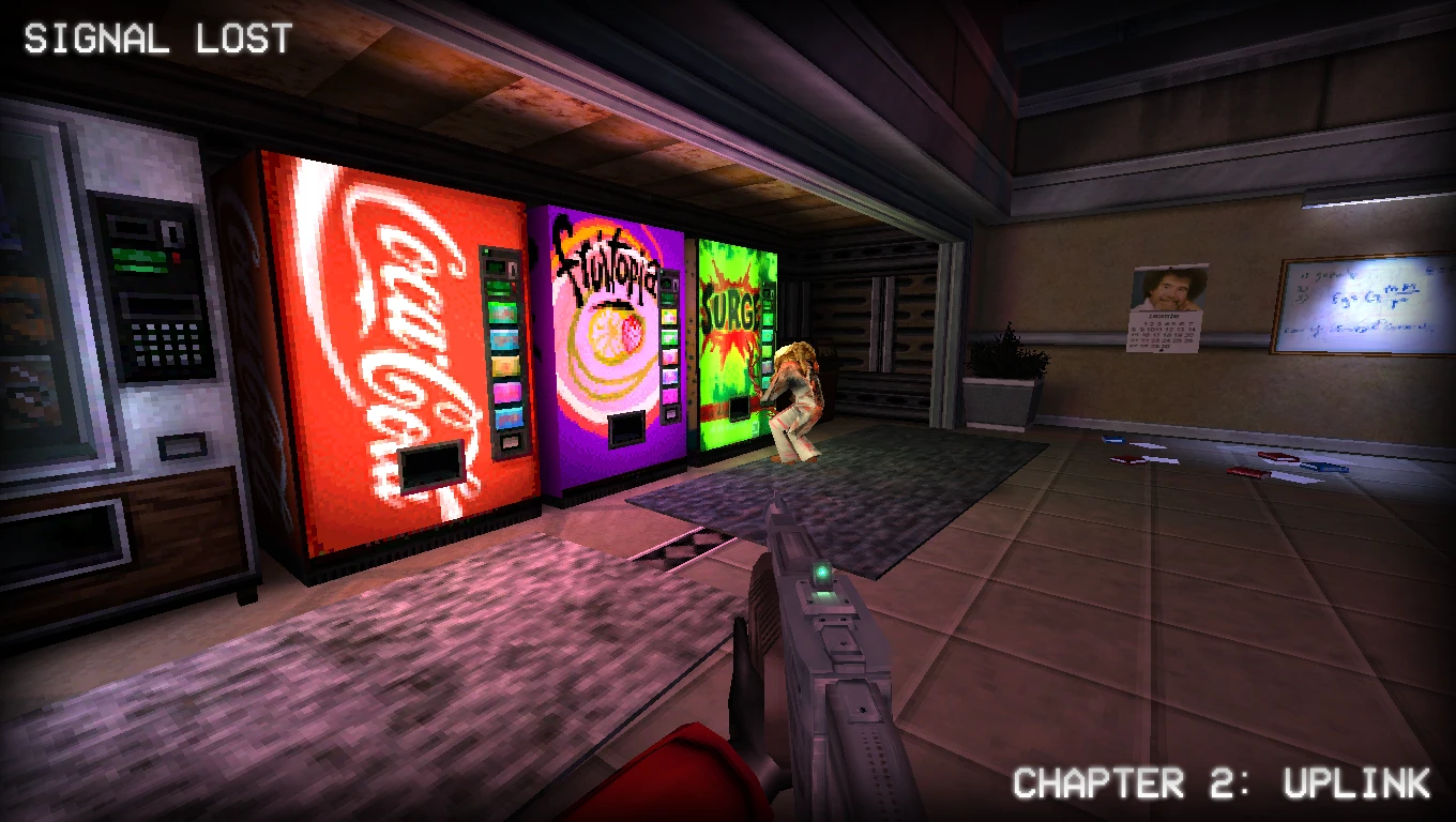 First-person view of a player holding a gun near three vending machines and a crouched zombie in a dim room labeled SIGNAL LOST