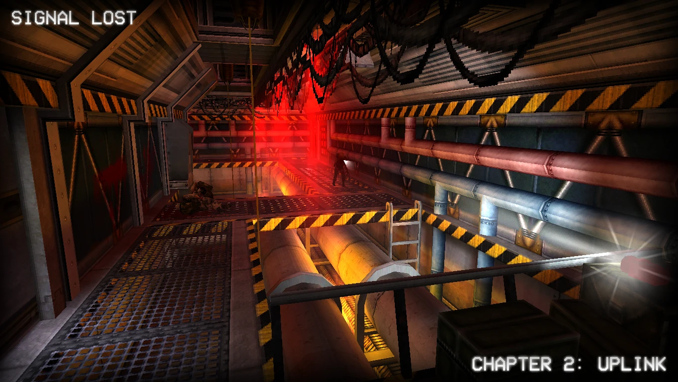Screenshot of Half-Life mod SIGNAL LOST showing an industrial interior with grates, pipes, red lights and two characters in stealth mode