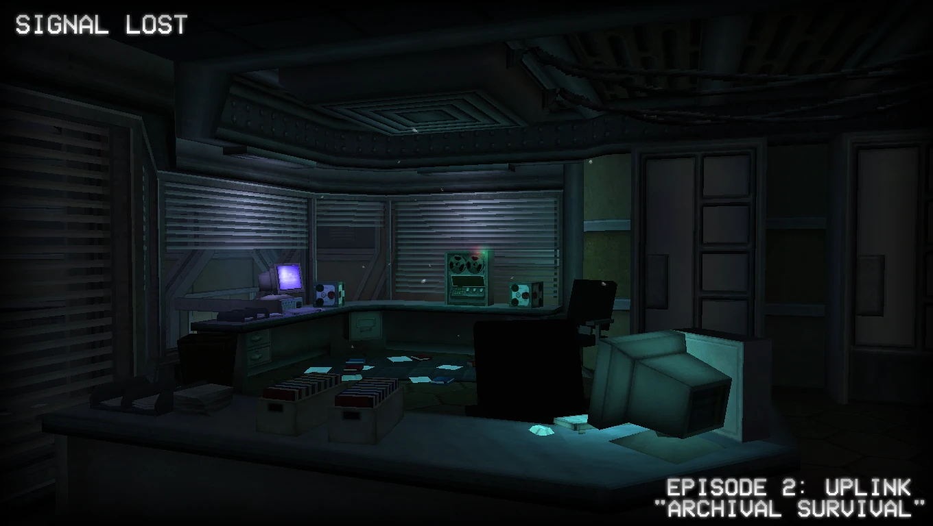 Screenshot from Half-Life showing a dimly lit control room with overturned monitors and scattered papers, from the Half-Life: SIGNAL LOST mod