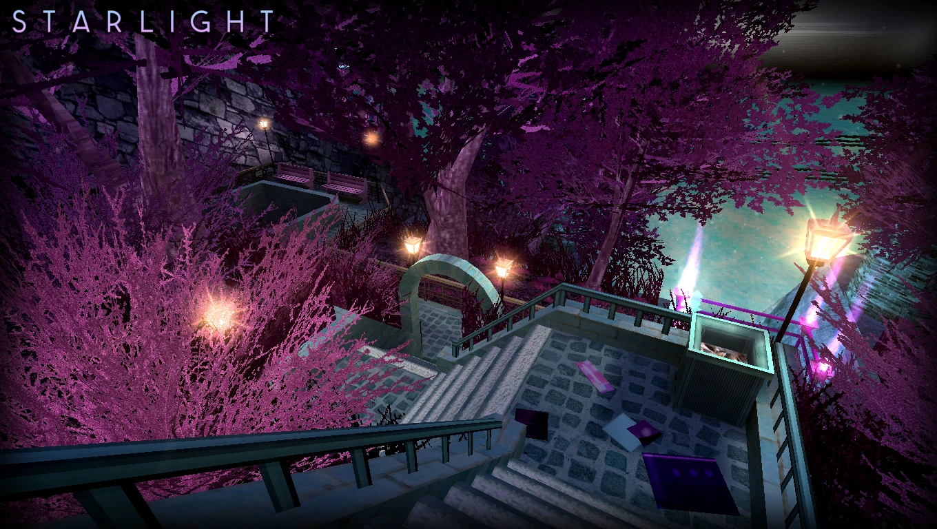 Nighttime scene showing a stone stairway, archway, street lamps, and purple trees by a water body in Half-Life Starlight mod