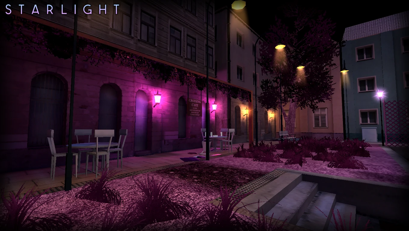 Street view at night showing tables, chairs, trees and purple lights in Half-Life Starlight mod