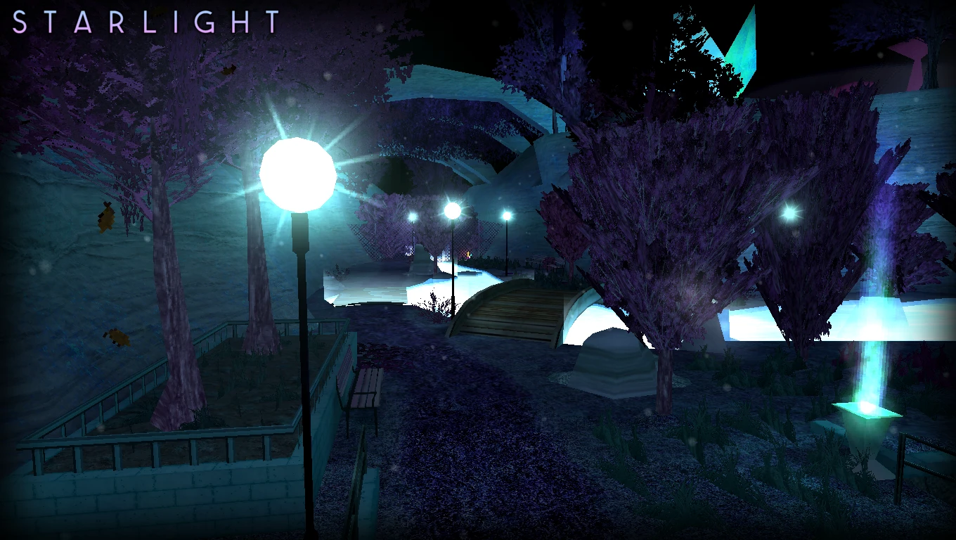 Night scene with glowing lamp posts and purple trees along a curved park path in Half-Life Starlight mod