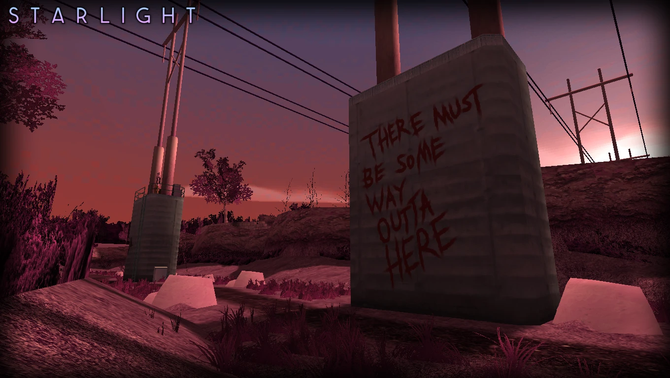 Dusk scene from Half-Life Starlight mod with concrete pillar graffiti reading 'There must be some way outta here'