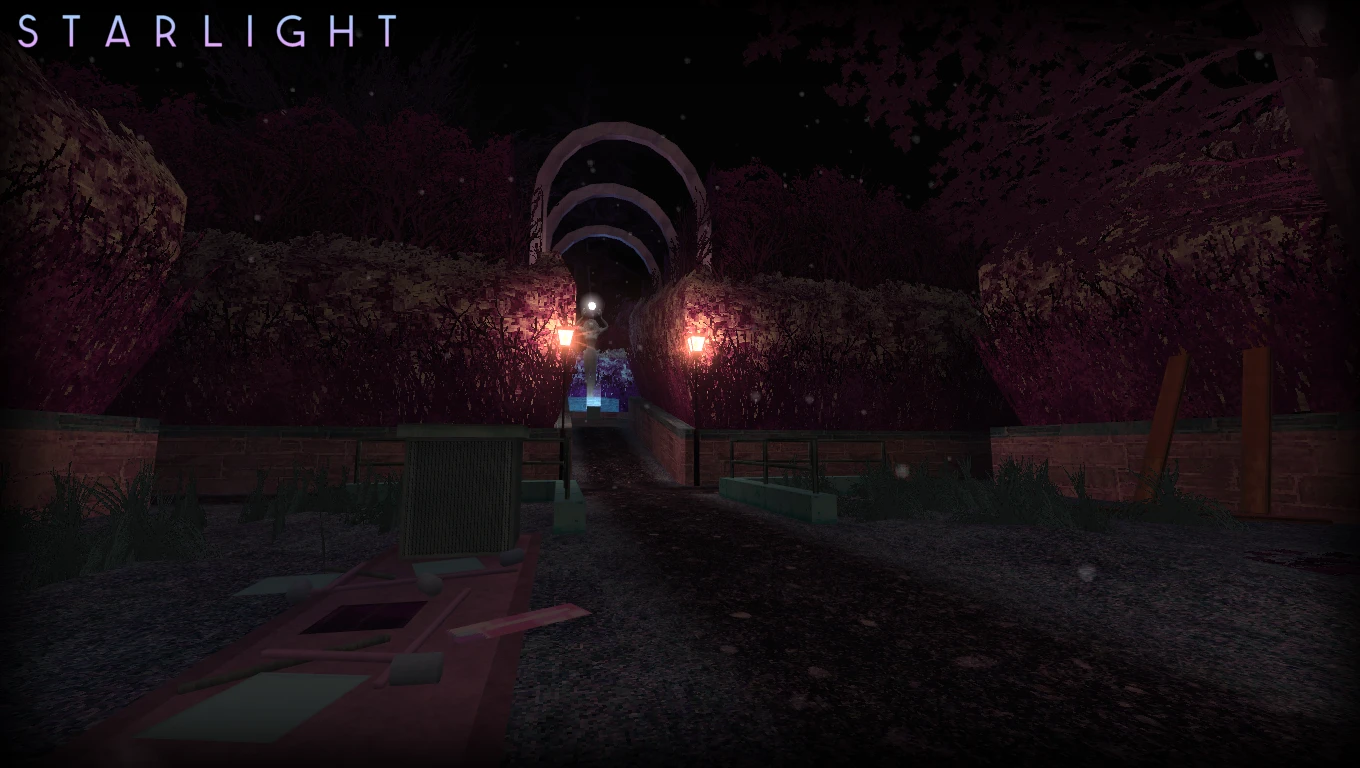 Dark pathway with glowing street lamps and archway surrounded by dense purple foliage in Half-Life Starlight mod