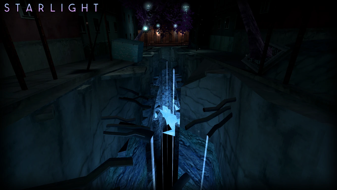 View of a deep urban canyon with glowing blue light beams and broken structures in Half-Life Starlight mod