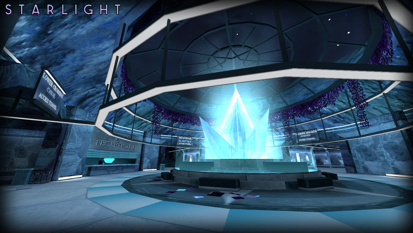 Circular indoor area with glowing blue crystal and hanging plants in Half-Life Starlight mod