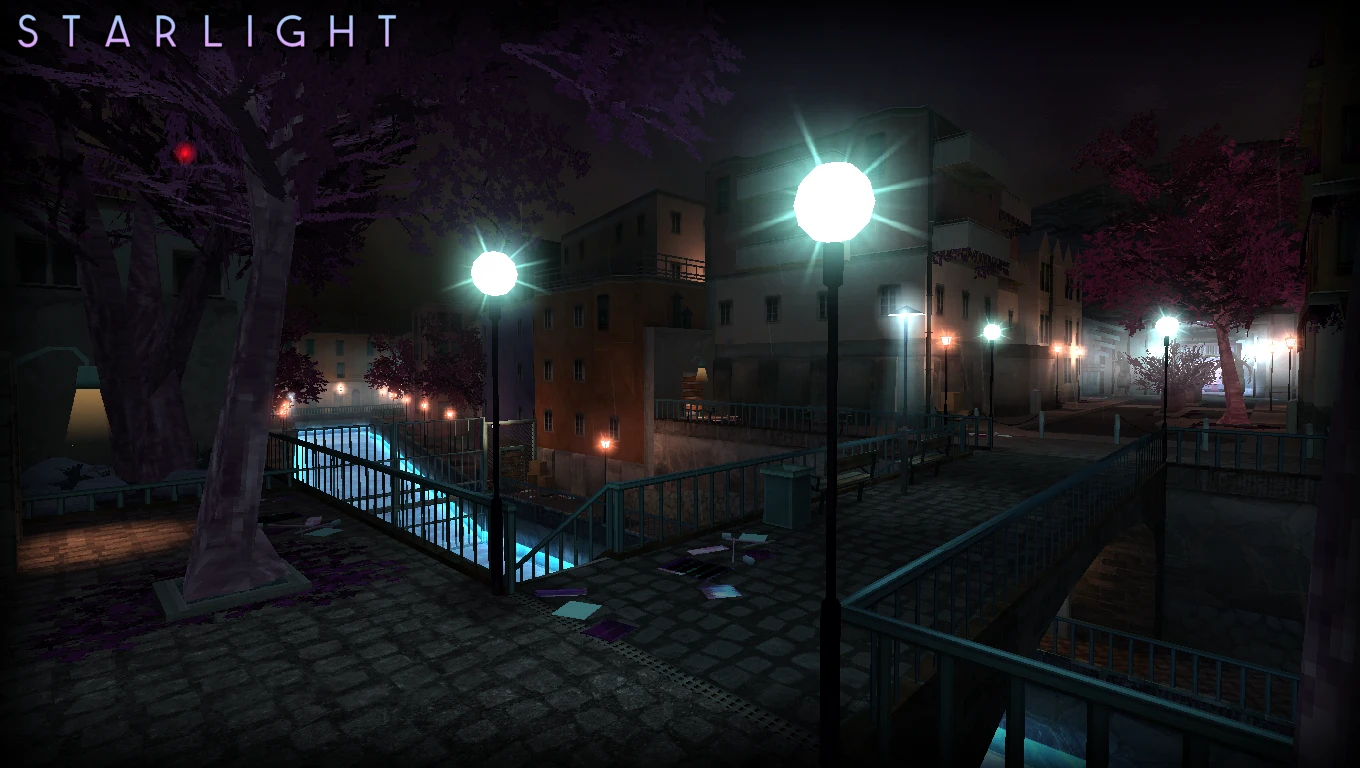 Dimly lit street at night with glowing white street lamps and purple-leaved trees near water canals in Half-Life Starlight