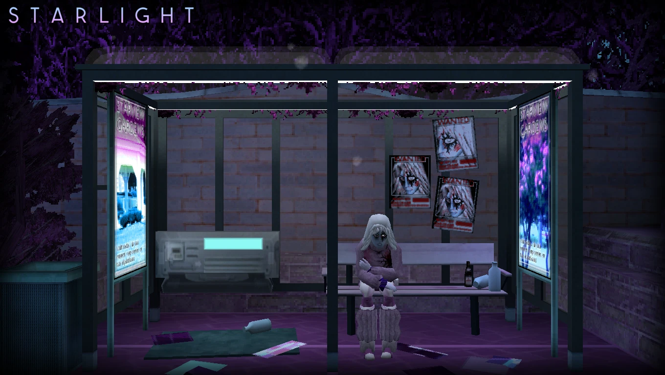 Ghostly figure sitting on bench at a bus stop in dark purple ambient lighting with wanted posters on the wall