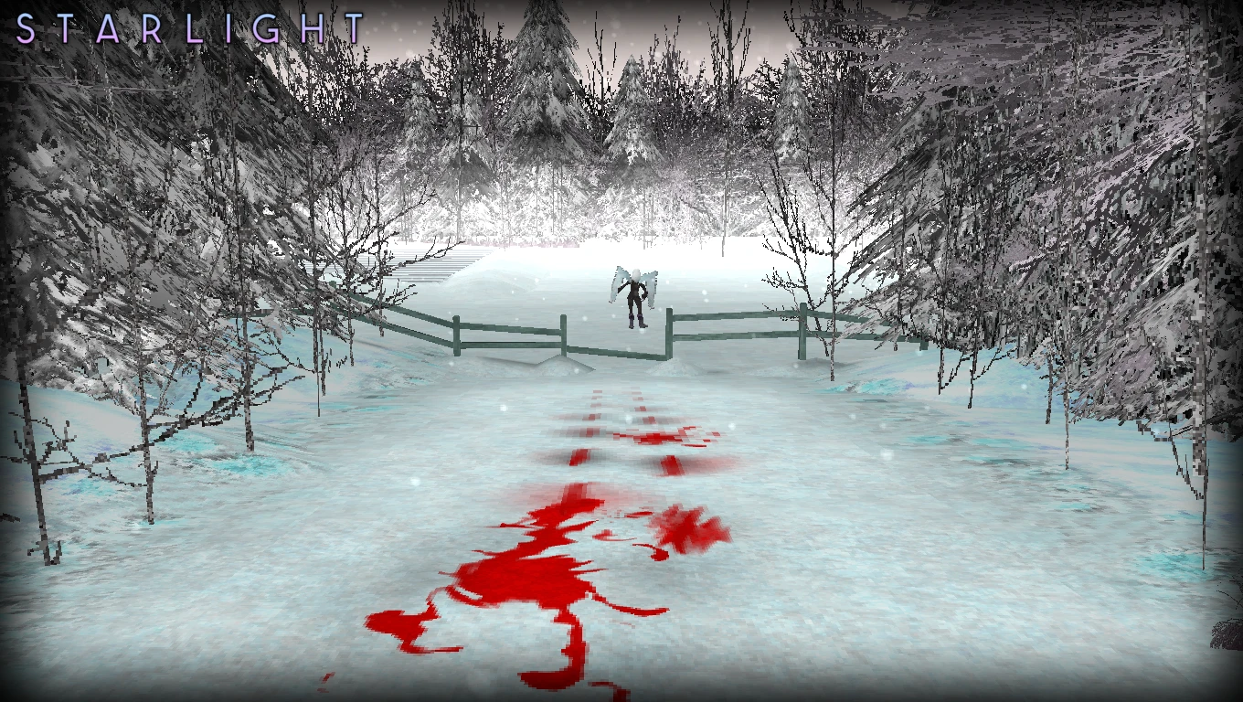 Snow-covered path with vivid red blood streak leading to a creature near a wooden fence in a winter forest